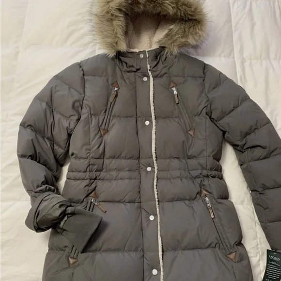 Ralph Lauren Gray Down Puffer Jacket parka with detachable Fur Hood size small - Picture 5 of 17